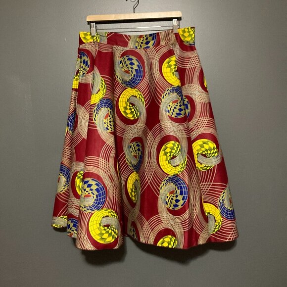 Women Size L Graphic Print Skirt Red Yellow Blue A Line Volume - Picture 1 of 8
